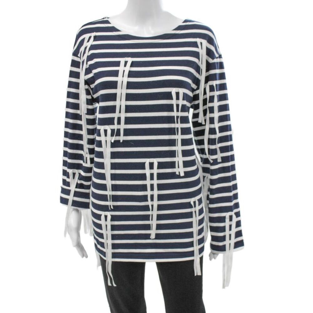 Goen. J Womens Striped Boat Neck Long Sleeve Tunic T-Shirt Blue Cotton Size 4